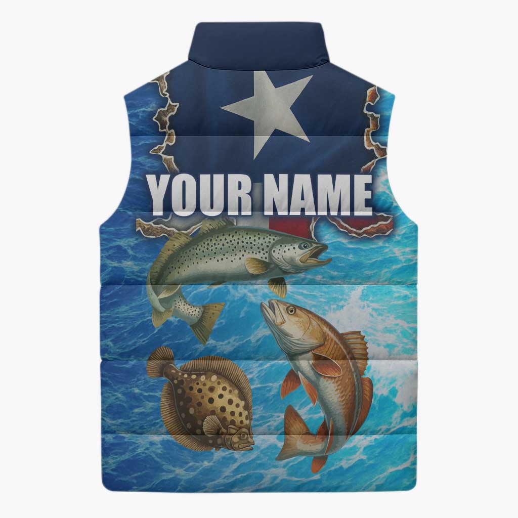 Texas Flag Fishing Sleeveless Puffer Jacket with Ocean Fish Graphic and Blue Water Background - Wonder Print Shop