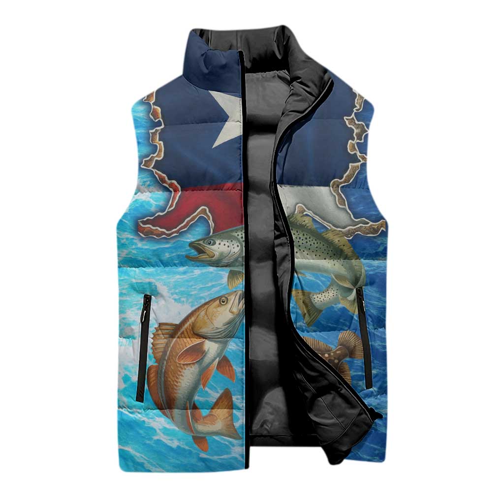Texas Flag Fishing Sleeveless Puffer Jacket with Ocean Fish Graphic and Blue Water Background - Wonder Print Shop