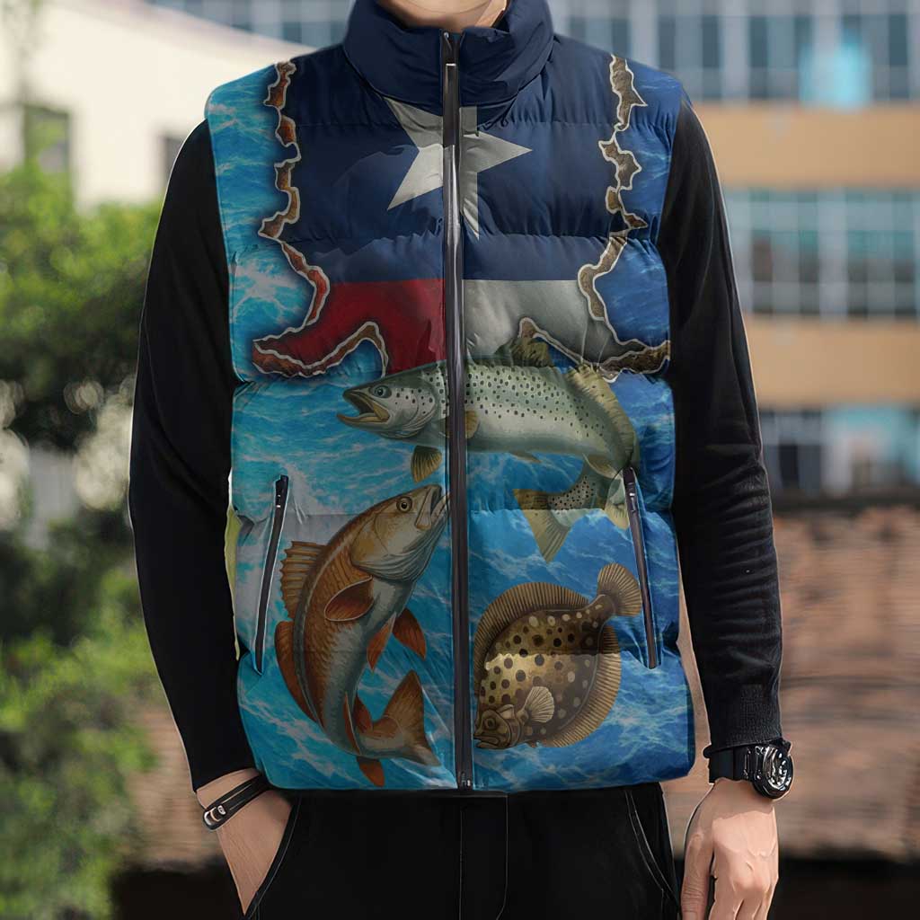 Texas Flag Fishing Sleeveless Puffer Jacket with Ocean Fish Graphic and Blue Water Background - Wonder Print Shop