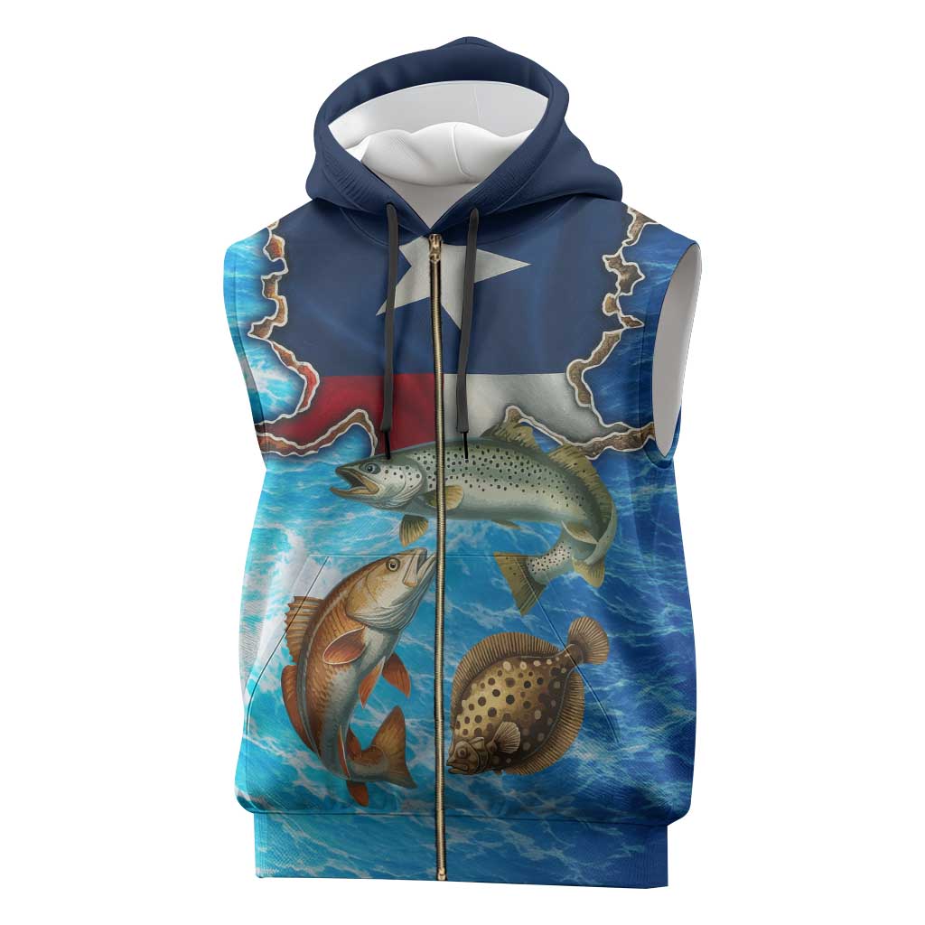 Texas Flag Fishing Sleeveless Zip Hoodie with Ocean Fish Graphic and Blue Water Background - Wonder Print Shop
