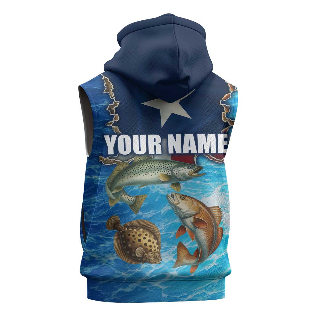 Texas Flag Fishing Sleeveless Zip Hoodie with Ocean Fish Graphic and Blue Water Background - Wonder Print Shop