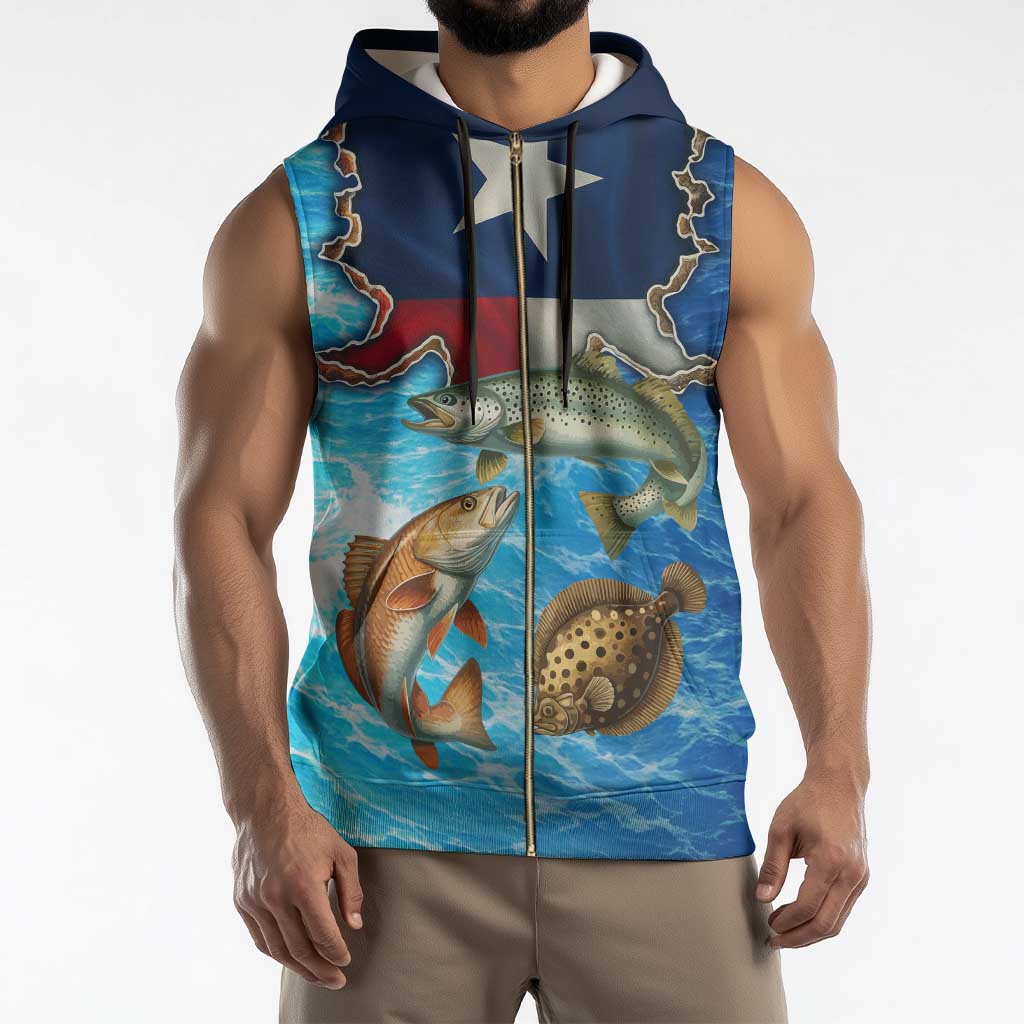 Texas Flag Fishing Sleeveless Zip Hoodie with Ocean Fish Graphic and Blue Water Background - Wonder Print Shop