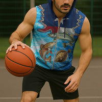 Texas Flag Fishing Sleeveless Zip Hoodie with Ocean Fish Graphic and Blue Water Background - Wonder Print Shop