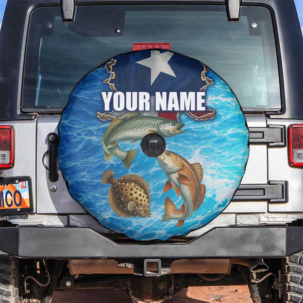 Texas Flag Fishing Spare Tire Cover with Ocean Fish Graphic and Blue Water Background - Wonder Print Shop