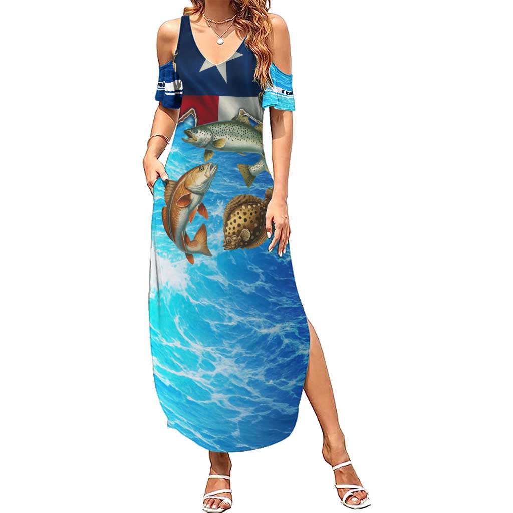 Texas Flag Fishing Summer Maxi Dress with Ocean Fish Graphic and Blue Water Background - Wonder Print Shop