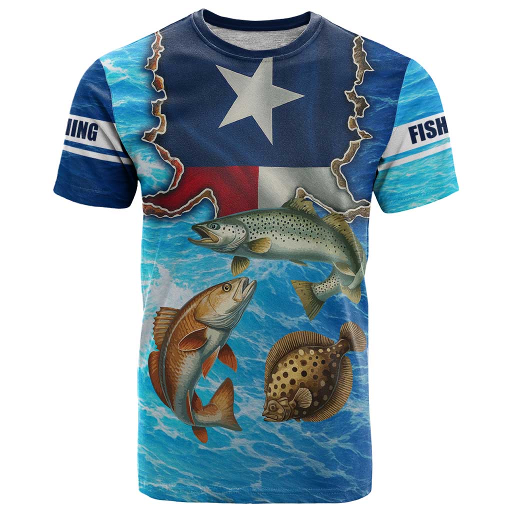 Texas Flag Fishing T Shirt with Ocean Fish Graphic and Blue Water Background - Wonder Print Shop