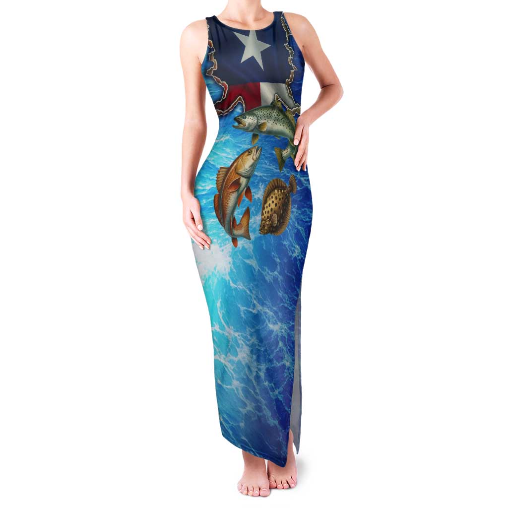 Texas Flag Fishing Tank Maxi Dress with Ocean Fish Graphic and Blue Water Background - Wonder Print Shop
