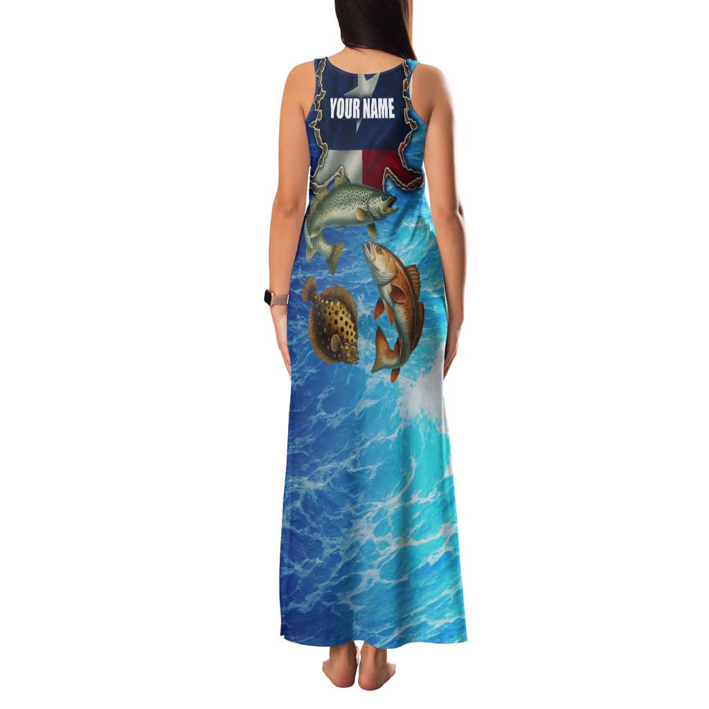 Texas Flag Fishing Tank Maxi Dress with Ocean Fish Graphic and Blue Water Background - Wonder Print Shop