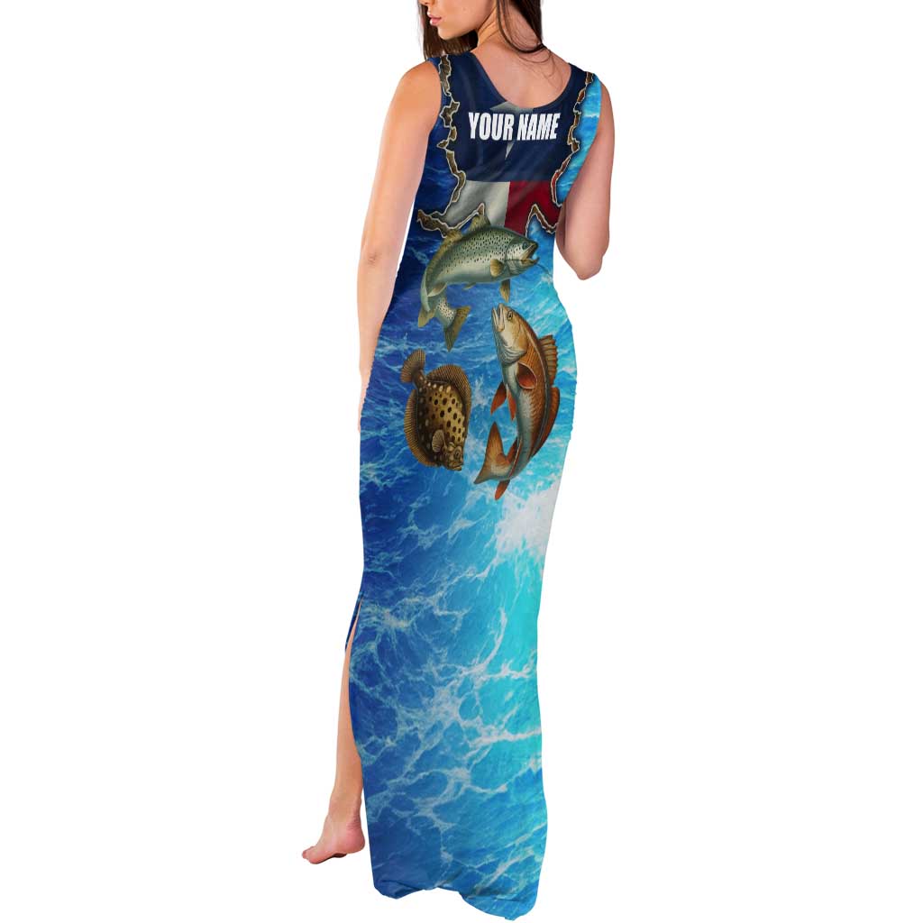 Texas Flag Fishing Tank Maxi Dress with Ocean Fish Graphic and Blue Water Background - Wonder Print Shop