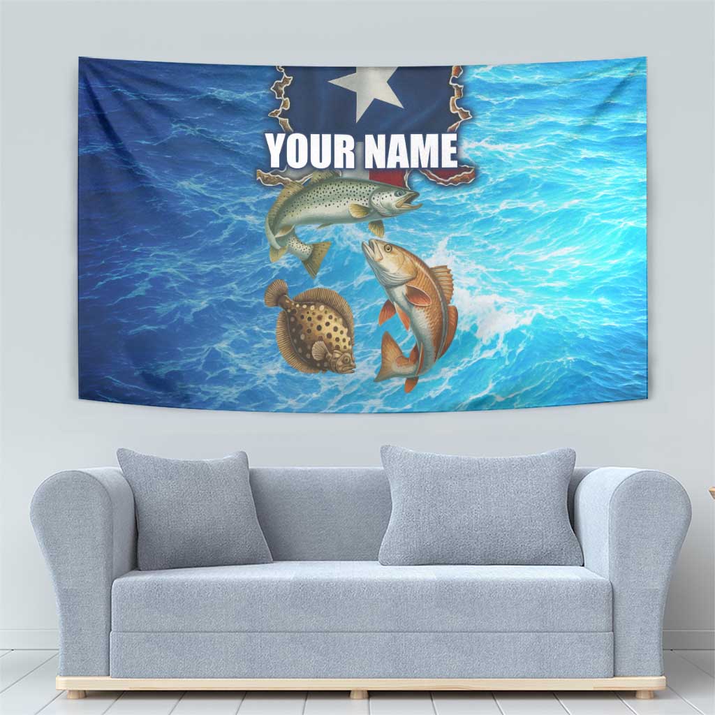 Texas Flag Fishing Tapestry with Ocean Fish Graphic and Blue Water Background - Wonder Print Shop