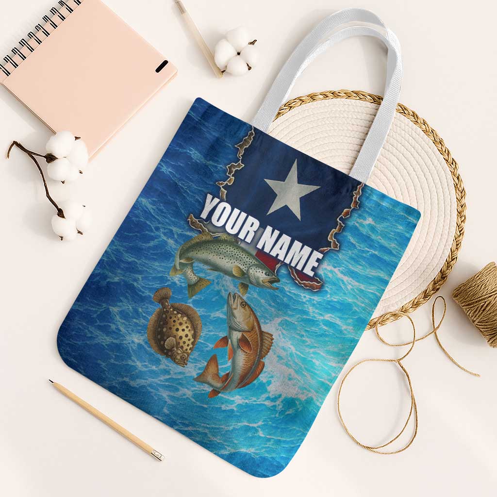 Texas Flag Fishing Tote Bag with Ocean Fish Graphic and Blue Water Background - Wonder Print Shop