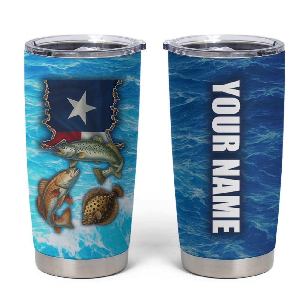 Texas Flag Fishing Tumbler Cup with Ocean Fish Graphic and Blue Water Background - Wonder Print Shop