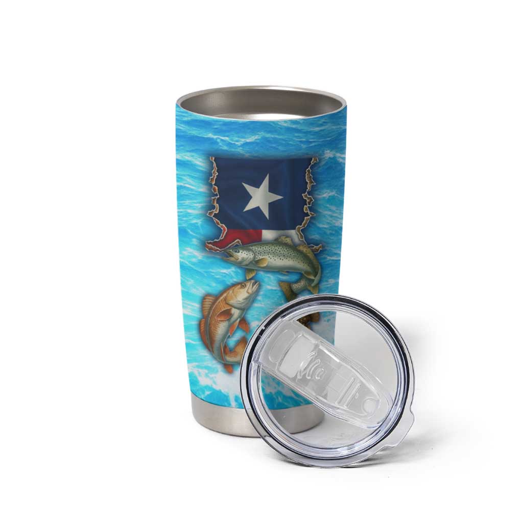 Texas Flag Fishing Tumbler Cup with Ocean Fish Graphic and Blue Water Background - Wonder Print Shop