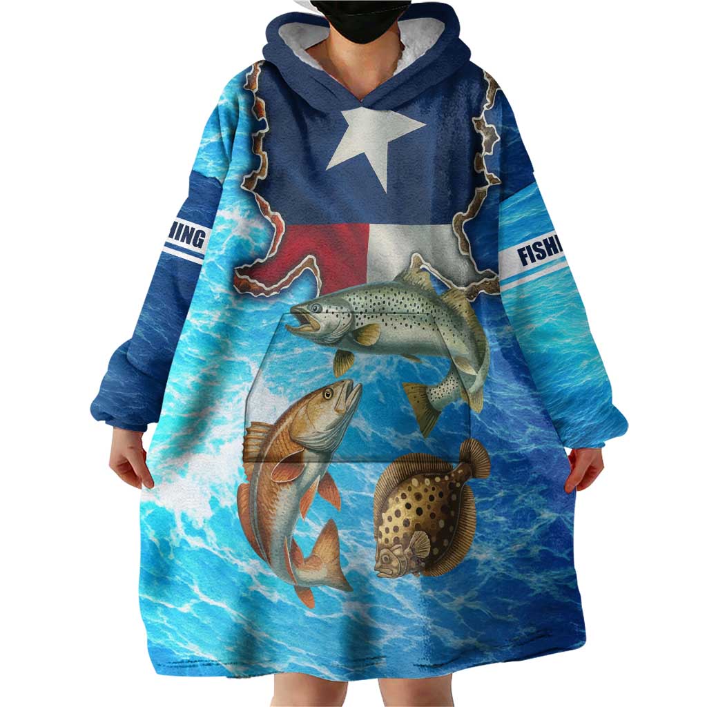 Texas Flag Fishing Wearable Blanket Hoodie with Ocean Fish Graphic and Blue Water Background - Wonder Print Shop