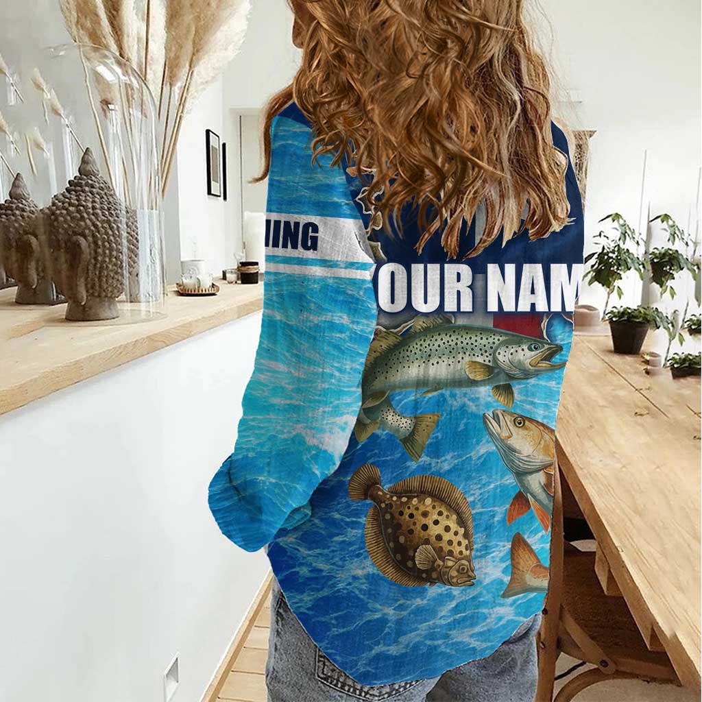 Texas Flag Fishing Women Casual Shirt with Ocean Fish Graphic and Blue Water Background - Wonder Print Shop