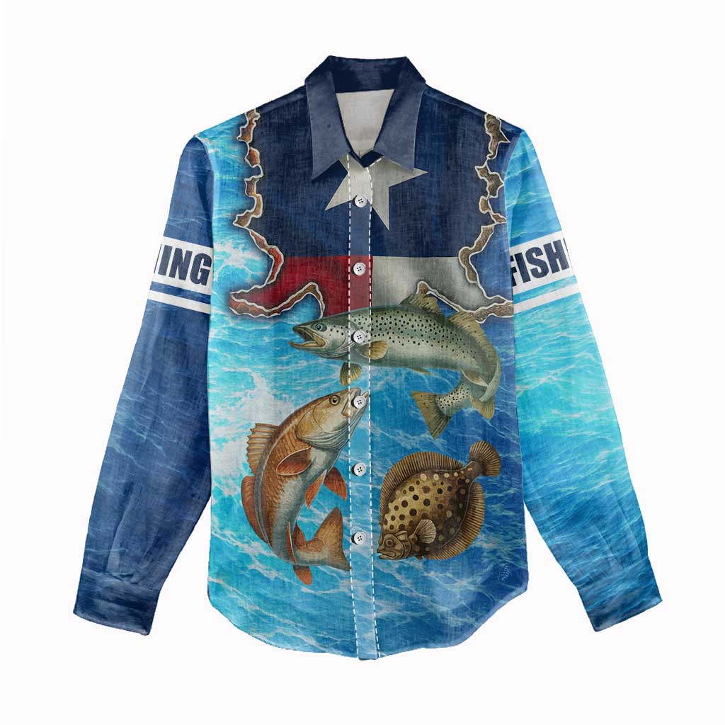 Texas Flag Fishing Women Casual Shirt with Ocean Fish Graphic and Blue Water Background - Wonder Print Shop