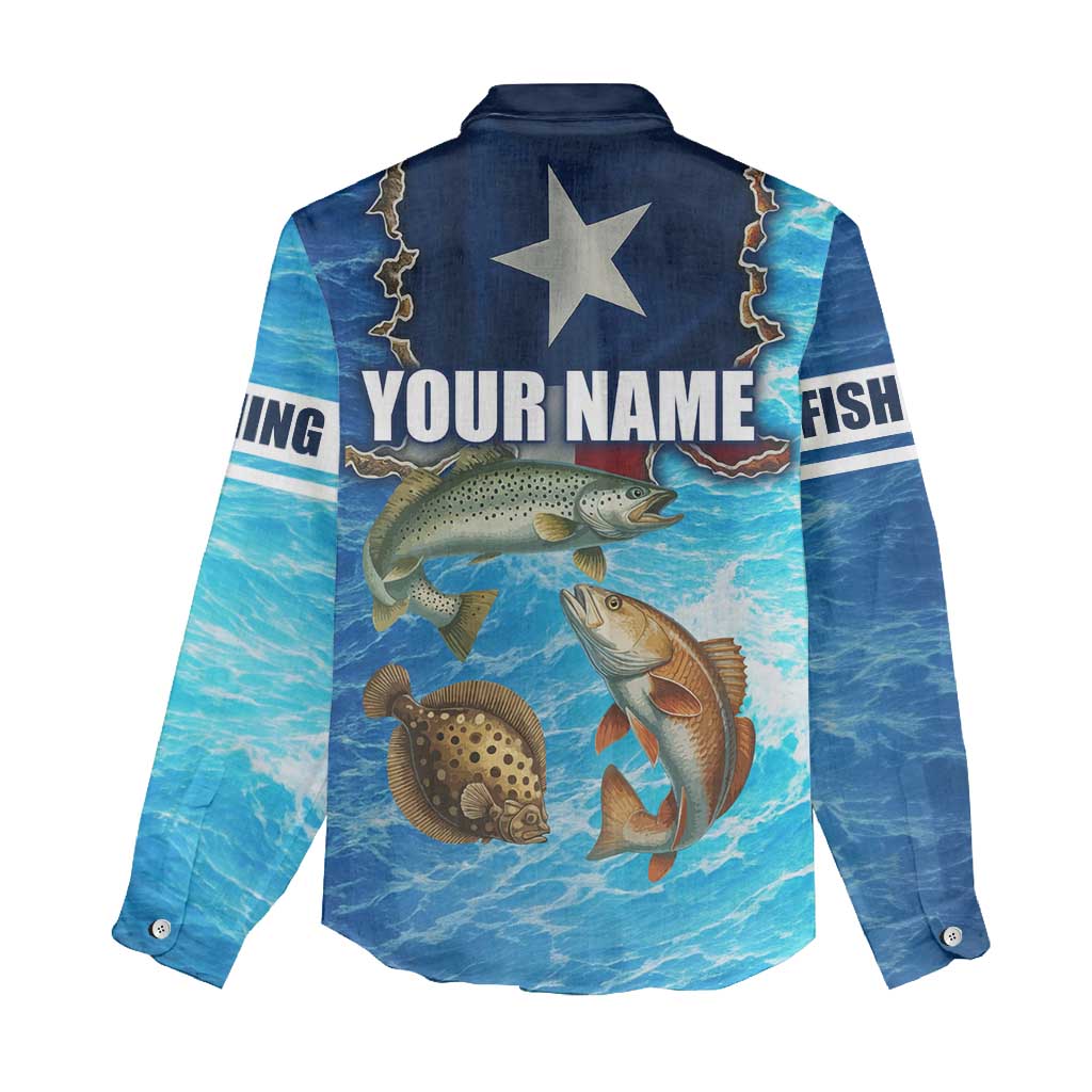Texas Flag Fishing Women Casual Shirt with Ocean Fish Graphic and Blue Water Background - Wonder Print Shop
