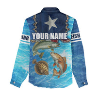Texas Flag Fishing Women Casual Shirt with Ocean Fish Graphic and Blue Water Background - Wonder Print Shop