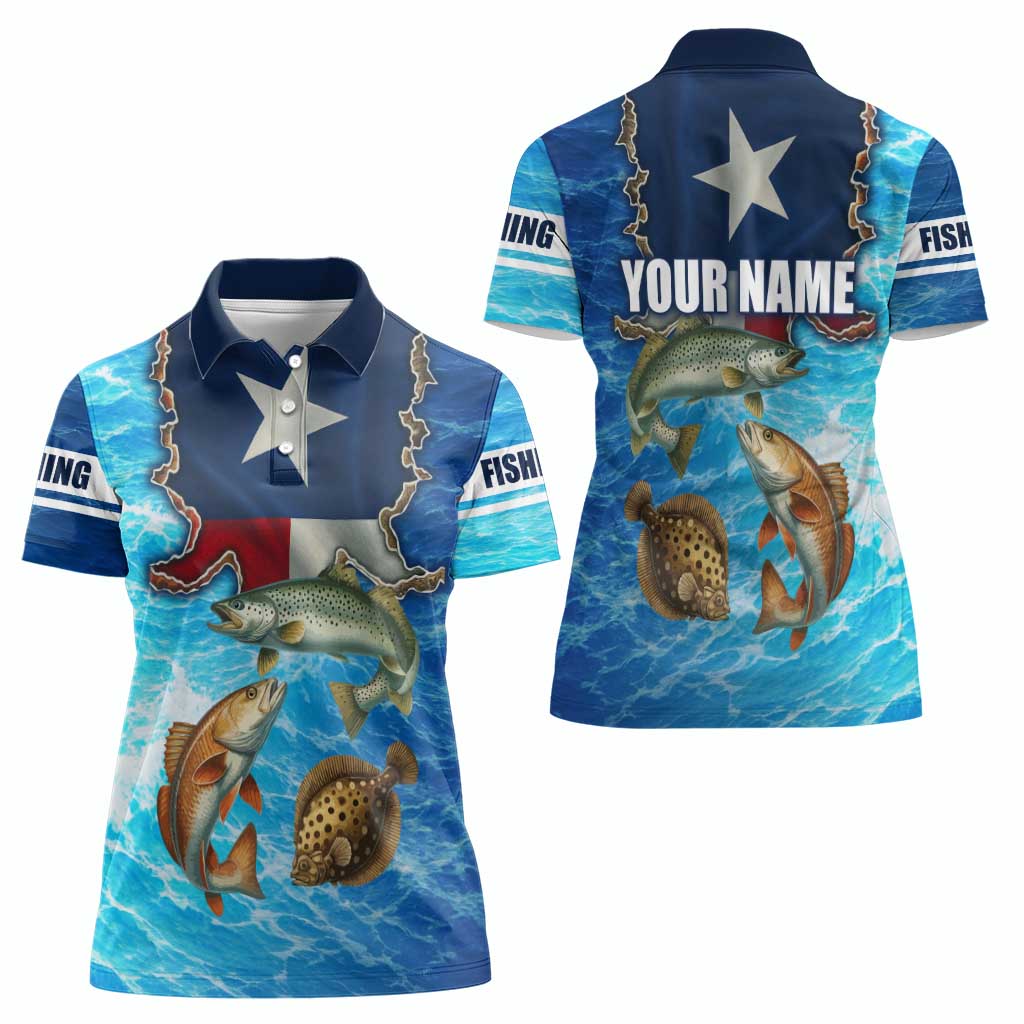 Texas Flag Fishing Women Polo Shirt with Ocean Fish Graphic and Blue Water Background - Wonder Print Shop