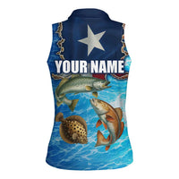Texas Flag Fishing Women Sleeveless Polo Shirt with Ocean Fish Graphic and Blue Water Background - Wonder Print Shop