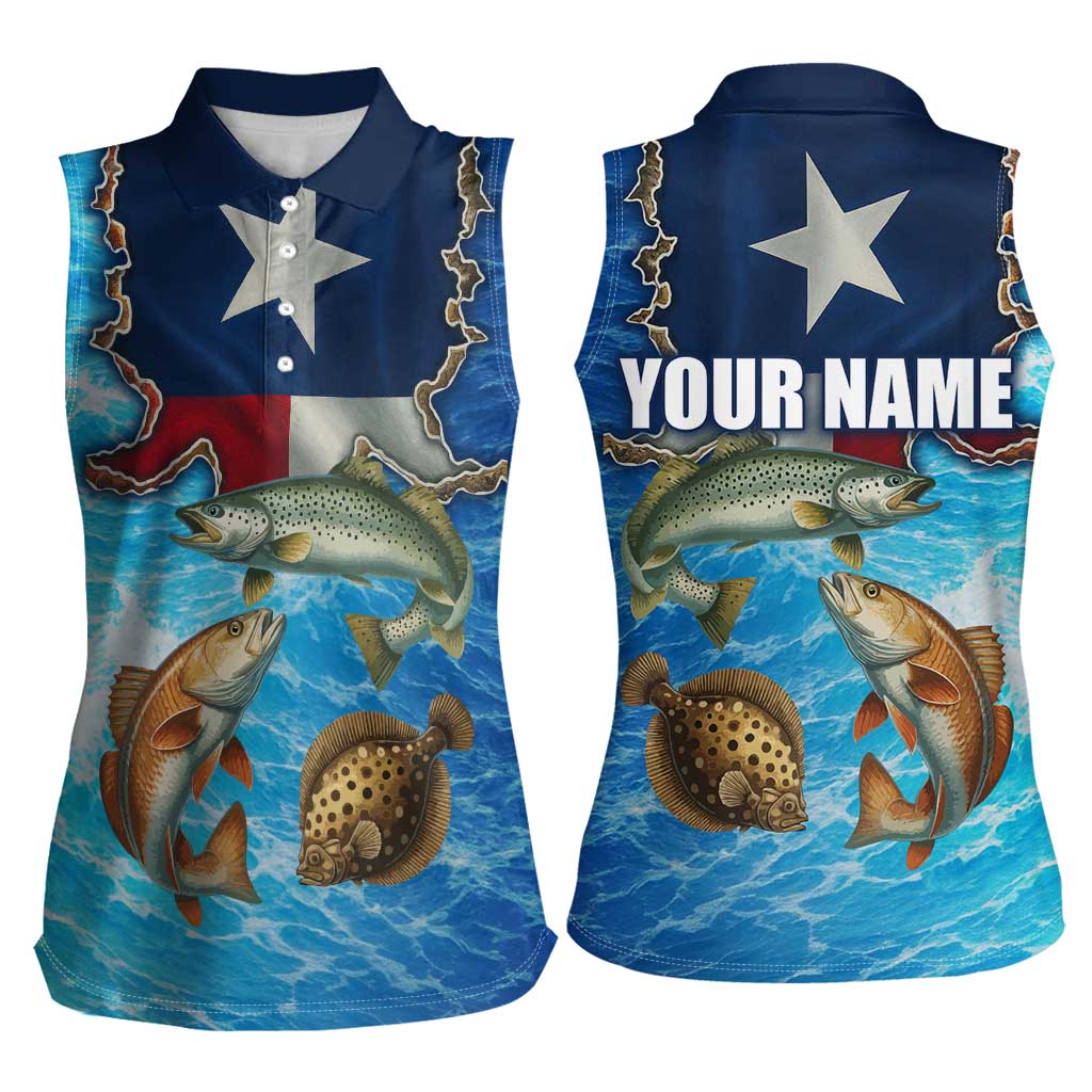Texas Flag Fishing Women Sleeveless Polo Shirt with Ocean Fish Graphic and Blue Water Background - Wonder Print Shop