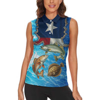 Texas Flag Fishing Women Sleeveless Polo Shirt with Ocean Fish Graphic and Blue Water Background - Wonder Print Shop