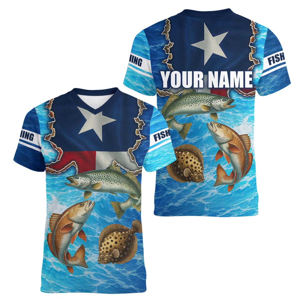 Texas Flag Fishing Women V-Neck T-Shirt with Ocean Fish Graphic and Blue Water Background - Wonder Print Shop