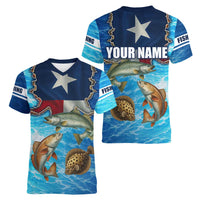 Texas Flag Fishing Women V-Neck T-Shirt with Ocean Fish Graphic and Blue Water Background - Wonder Print Shop