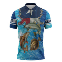 Texas Flag Fishing Zipper Polo Shirt with Ocean Fish Graphic and Blue Water Background - Wonder Print Shop