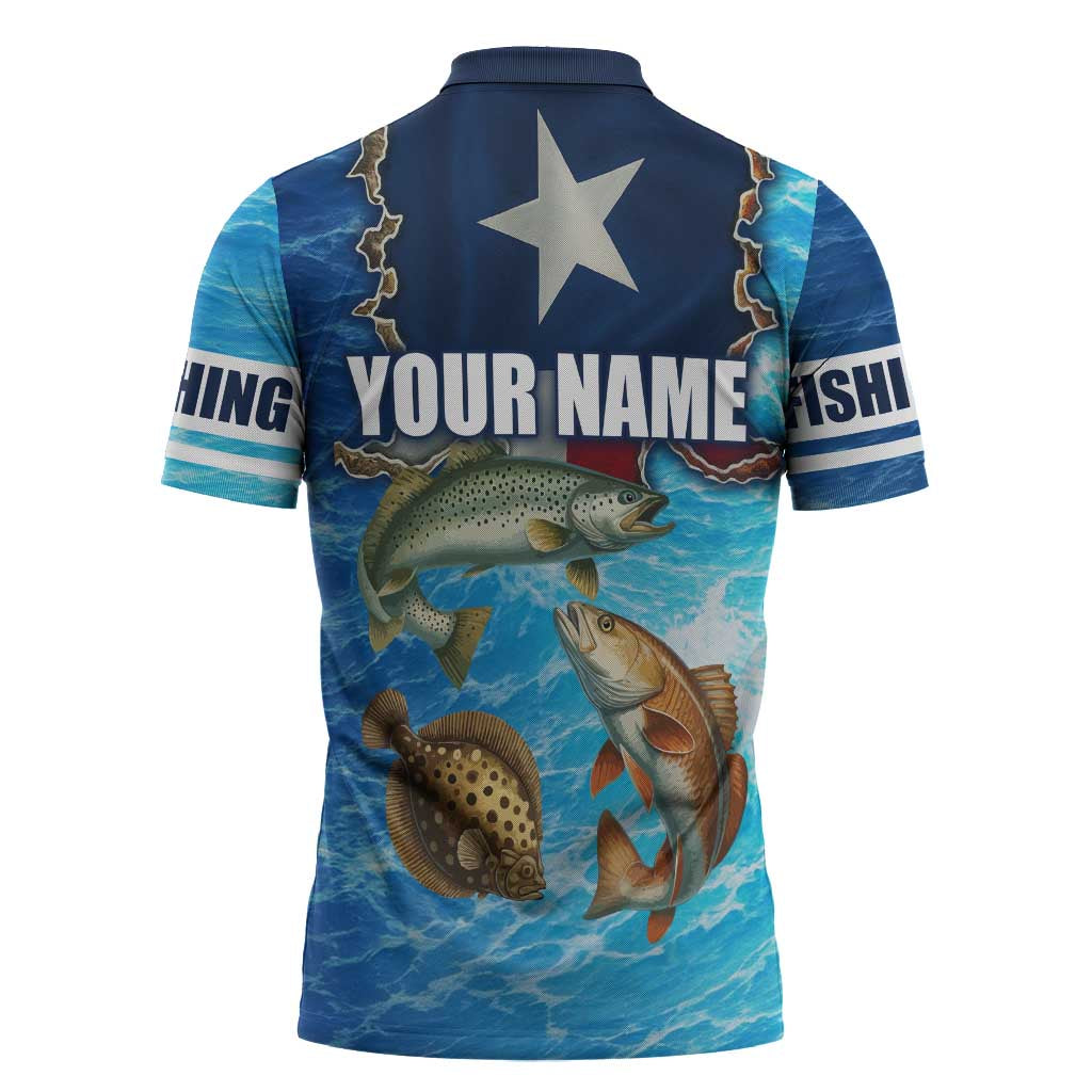 Texas Flag Fishing Zipper Polo Shirt with Ocean Fish Graphic and Blue Water Background - Wonder Print Shop