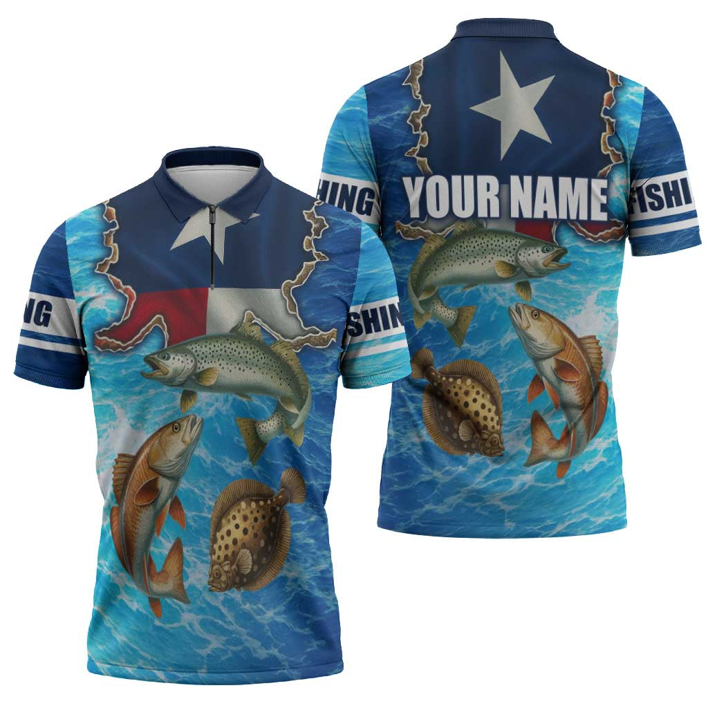 Texas Flag Fishing Zipper Polo Shirt with Ocean Fish Graphic and Blue Water Background - Wonder Print Shop