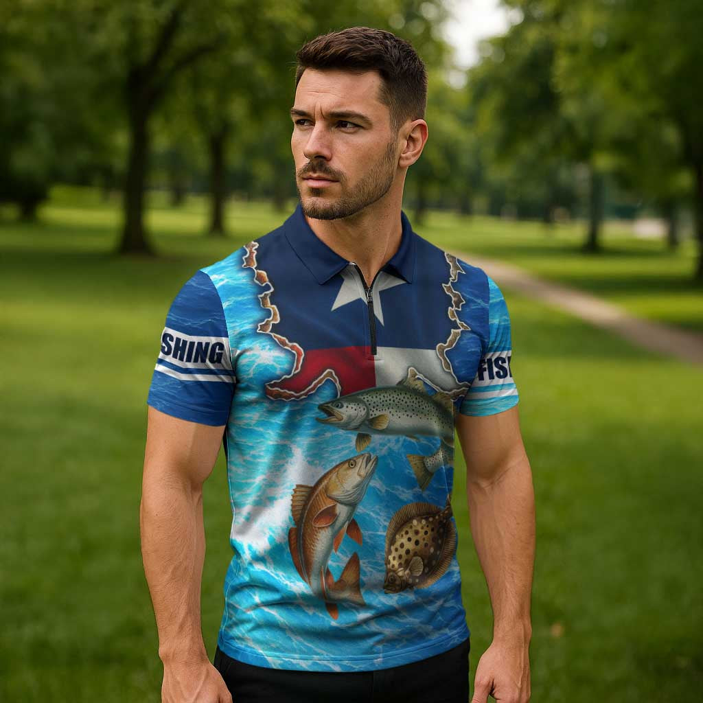 Texas Flag Fishing Zipper Polo Shirt with Ocean Fish Graphic and Blue Water Background - Wonder Print Shop