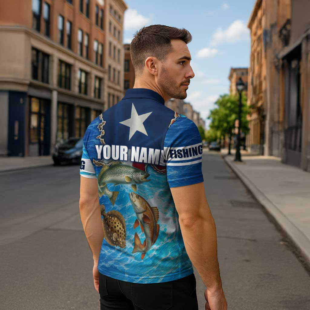 Texas Flag Fishing Zipper Polo Shirt with Ocean Fish Graphic and Blue Water Background - Wonder Print Shop