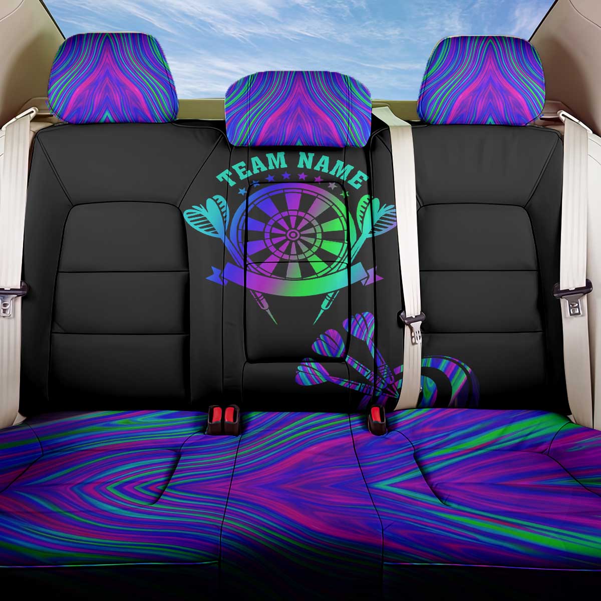 Neon Dartboard Darts Back Car Seat Cover with Colorful Target and Psychedelic Swirl Pattern - Wonder Print Shop