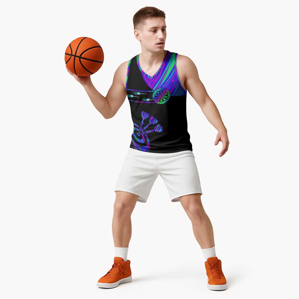 Neon Dartboard Darts Basketball Jersey with Colorful Target and Psychedelic Swirl Pattern - Wonder Print Shop