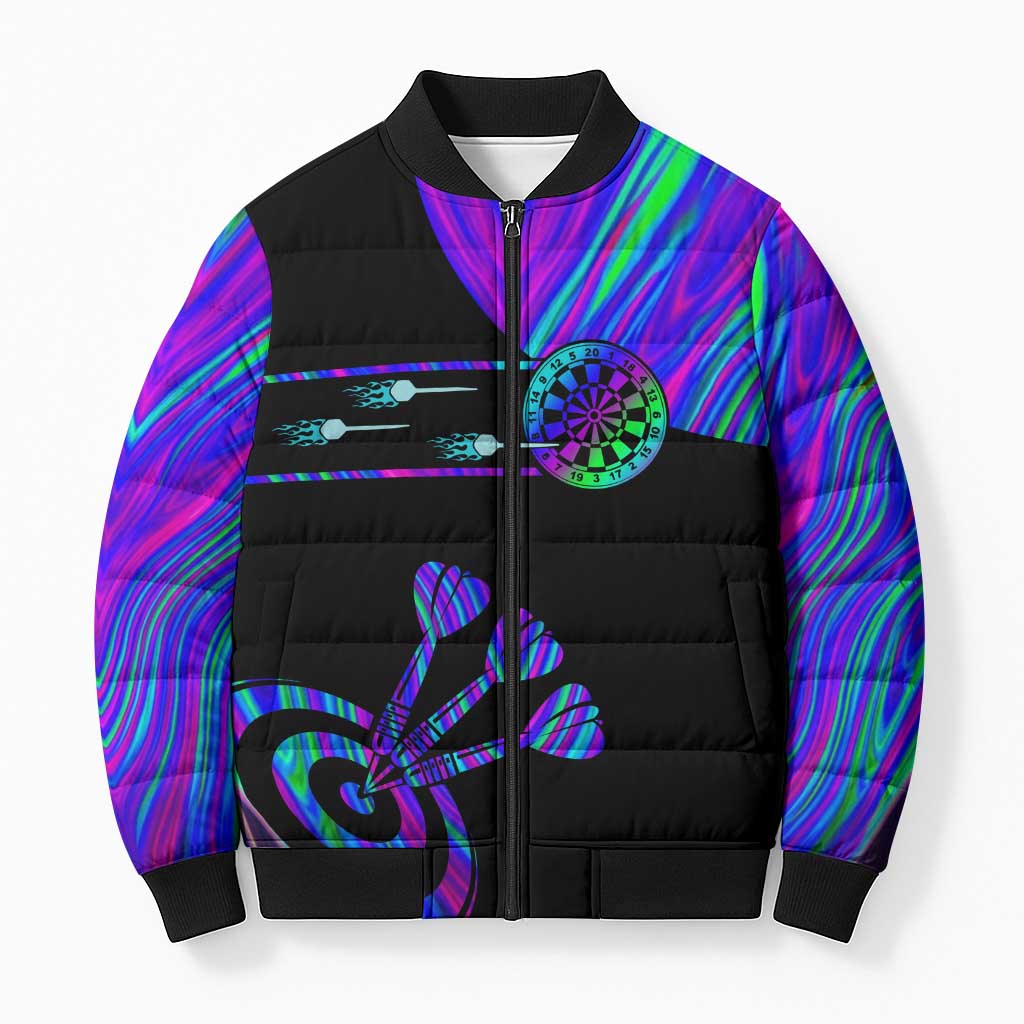 Neon Dartboard Darts Bomber Puffer Jacket with Colorful Target and Psychedelic Swirl Pattern - Wonder Print Shop