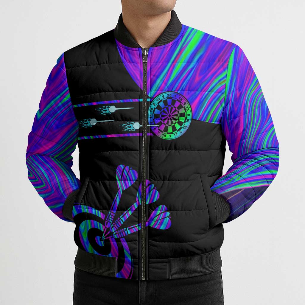 Neon Dartboard Darts Bomber Puffer Jacket with Colorful Target and Psychedelic Swirl Pattern - Wonder Print Shop