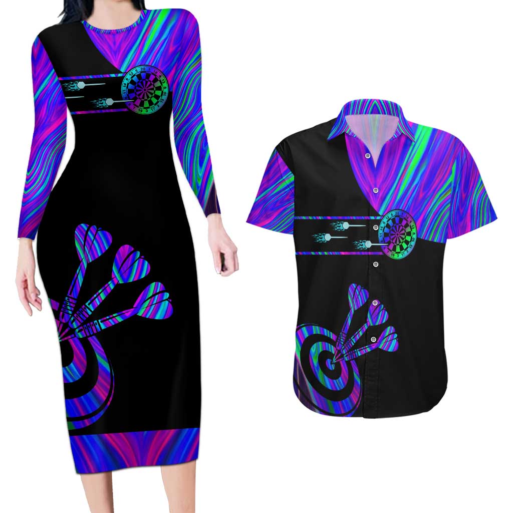 Neon Dartboard Darts Couples Matching Long Sleeve Bodycon Dress and Hawaiian Shirt with Colorful Target and Psychedelic Swirl Pattern - Wonder Print Shop