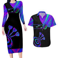 Neon Dartboard Darts Couples Matching Long Sleeve Bodycon Dress and Hawaiian Shirt with Colorful Target and Psychedelic Swirl Pattern - Wonder Print Shop