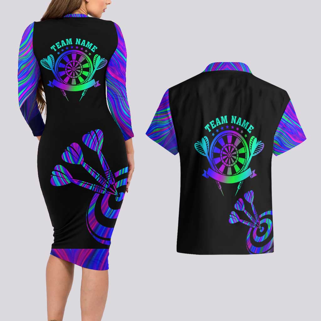 Neon Dartboard Darts Couples Matching Long Sleeve Bodycon Dress and Hawaiian Shirt with Colorful Target and Psychedelic Swirl Pattern - Wonder Print Shop
