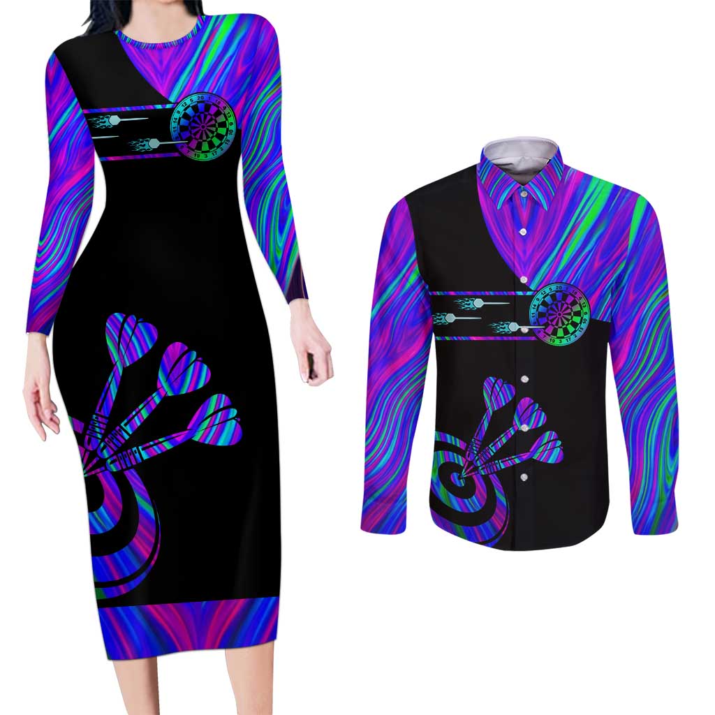 Neon Dartboard Darts Couples Matching Long Sleeve Bodycon Dress and Long Sleeve Button Shirt with Colorful Target and Psychedelic Swirl Pattern - Wonder Print Shop