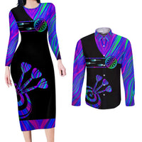 Neon Dartboard Darts Couples Matching Long Sleeve Bodycon Dress and Long Sleeve Button Shirt with Colorful Target and Psychedelic Swirl Pattern - Wonder Print Shop