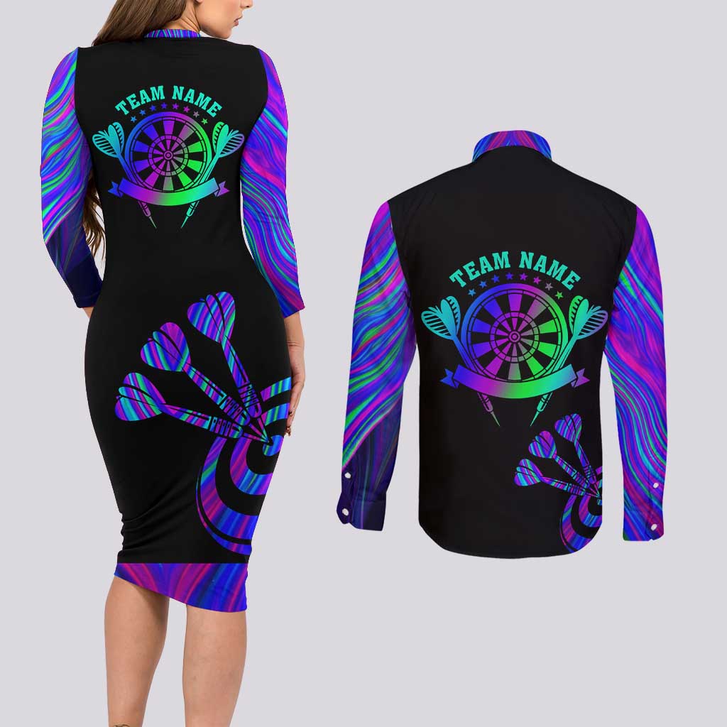 Neon Dartboard Darts Couples Matching Long Sleeve Bodycon Dress and Long Sleeve Button Shirt with Colorful Target and Psychedelic Swirl Pattern - Wonder Print Shop