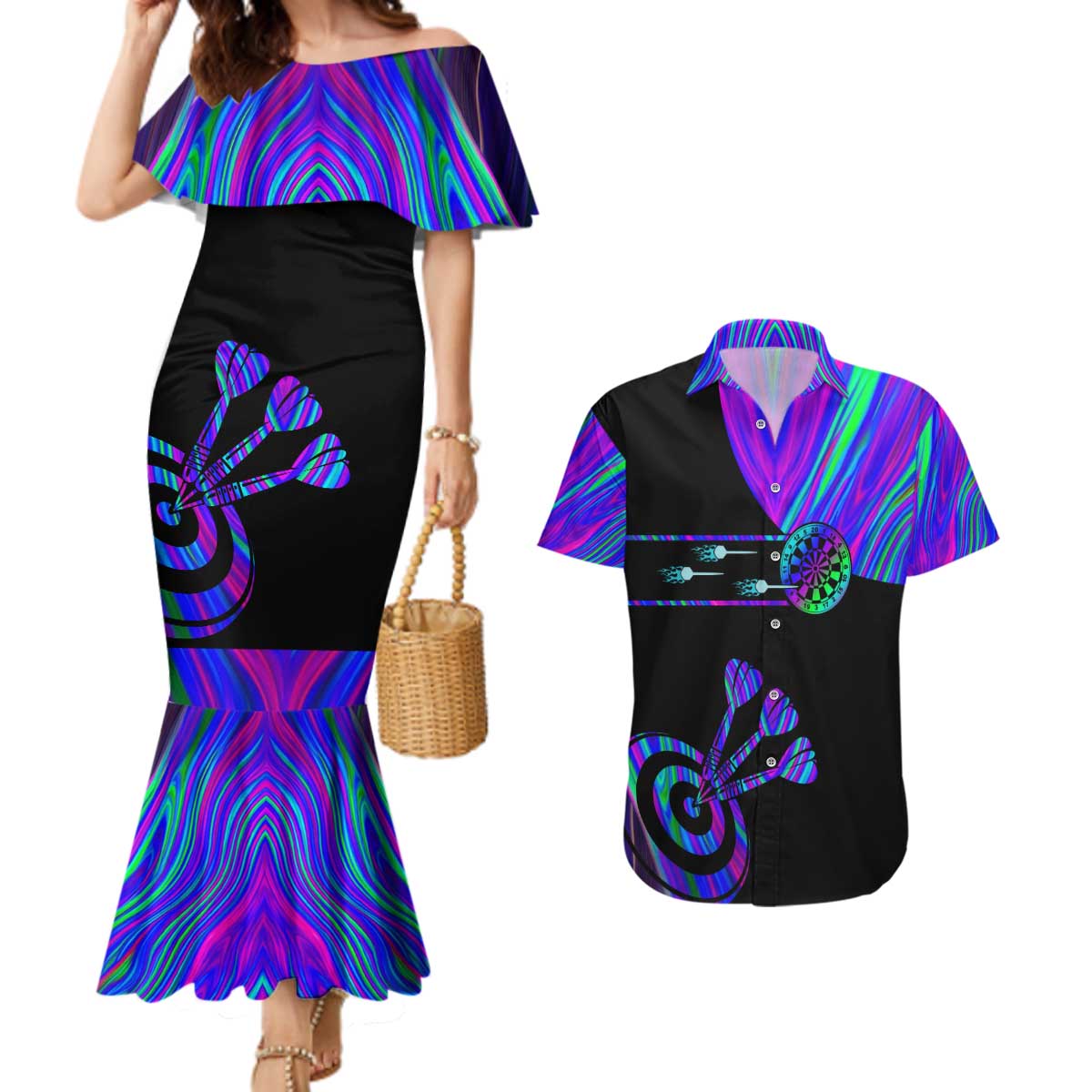 Neon Dartboard Darts Couples Matching Mermaid Dress and Hawaiian Shirt with Colorful Target and Psychedelic Swirl Pattern - Wonder Print Shop