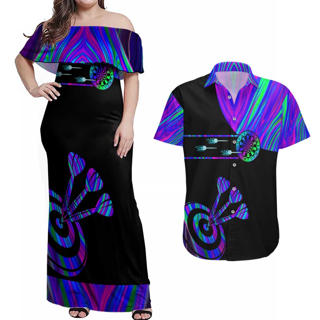 Neon Dartboard Darts Couples Matching Off Shoulder Maxi Dress and Hawaiian Shirt with Colorful Target and Psychedelic Swirl Pattern - Wonder Print Shop