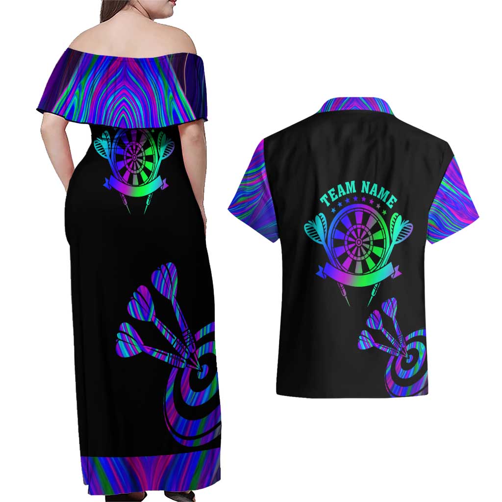 Neon Dartboard Darts Couples Matching Off Shoulder Maxi Dress and Hawaiian Shirt with Colorful Target and Psychedelic Swirl Pattern - Wonder Print Shop