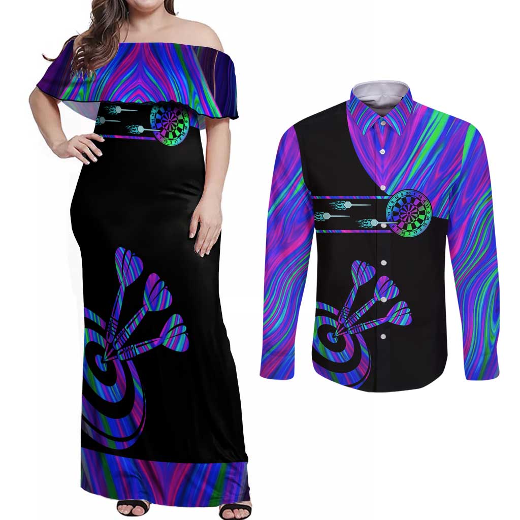 Neon Dartboard Darts Couples Matching Off Shoulder Maxi Dress and Long Sleeve Button Shirt with Colorful Target and Psychedelic Swirl Pattern - Wonder Print Shop