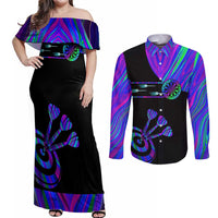 Neon Dartboard Darts Couples Matching Off Shoulder Maxi Dress and Long Sleeve Button Shirt with Colorful Target and Psychedelic Swirl Pattern - Wonder Print Shop