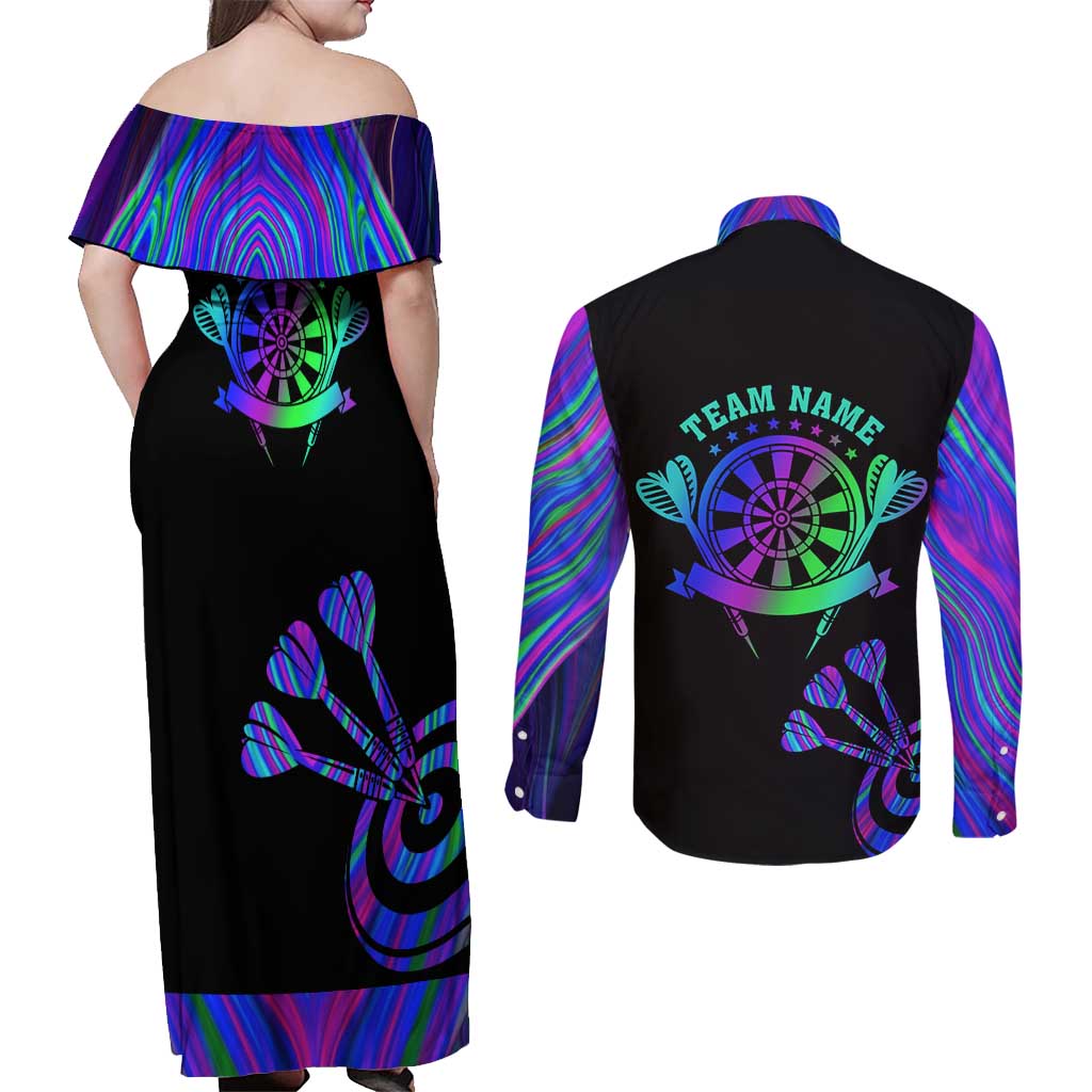Neon Dartboard Darts Couples Matching Off Shoulder Maxi Dress and Long Sleeve Button Shirt with Colorful Target and Psychedelic Swirl Pattern - Wonder Print Shop