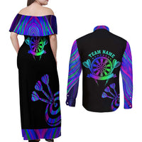 Neon Dartboard Darts Couples Matching Off Shoulder Maxi Dress and Long Sleeve Button Shirt with Colorful Target and Psychedelic Swirl Pattern - Wonder Print Shop
